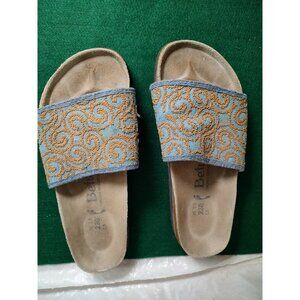 Birkenstock Betula Sandals Denim Blue with Gold bead Scroll Work Size 36